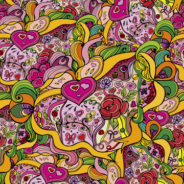 Caricature seamless pattern – love. Sketchy background with different objects, objects, tape, Valentine.