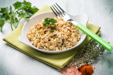 spiced tofu with herbs, selective focus