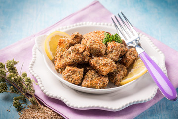 swordfish croquettes with sesame seeds, selective focus