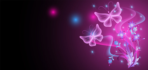 Neon butterfly and flowers