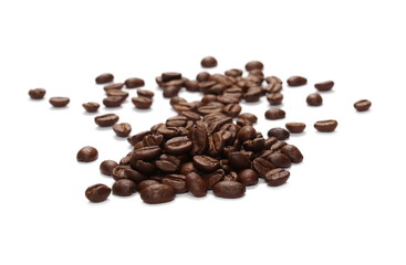 Pile coffee beans isolated on white background and texture, top view
