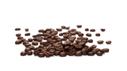 Pile coffee beans isolated on white background and texture, top view
