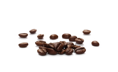 Pile coffee beans isolated on white background and texture, top view
