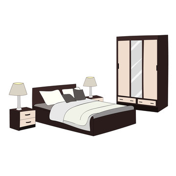 vector, isolated bedroom, bed and wardrobe