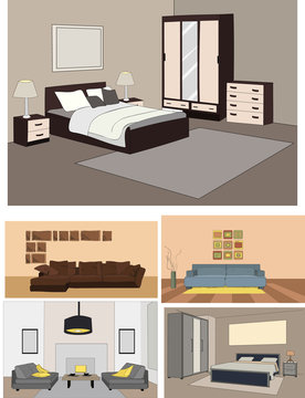 vector, isolated bedroom, bed and wardrobe, set