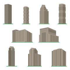 Set of nine modern high-rise building on a white background. View of the building from the bottom. Isometric vector illustration.
