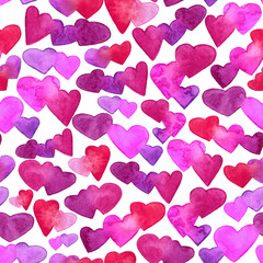 Seamless pattern with red, pink and violet watercolor hearts. romantic design. Isolated on white background. Hand painted brush elements. Modern and teen. Love sign. Valintine Day texture.