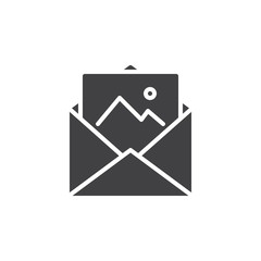 Open envelope with postcard icon vector, filled flat sign, solid pictogram isolated on white. Symbol, logo illustration.