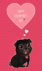 Vector illustration for Valentine's Day with a cute black pug and heart in cut out style. Cartoon black dog on red background with hearts. Text "Happy Valentine's Day".