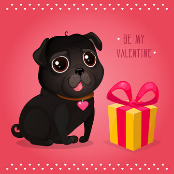 Greeting card for Valentine's Day with a cute black pug and gift. Cartoon dog with heart. Vector illustration for a postcard or a poster. Text "Be My Valentine".