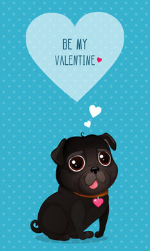 Vector illustration for Valentine's Day with a cute black pug and heart. Cartoon black dog on blue background with hearts.