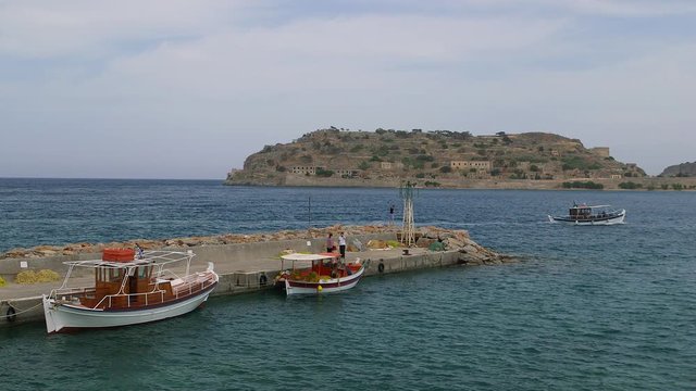 Fishing Boats At Pier & Spinalogkas Island; Around Elounda; Plaka, Crete, Greece