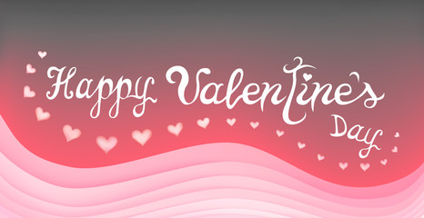 Happy Valentines Day. Text in hand drawn style and hearts on rose petals background. Design of love for festivals.