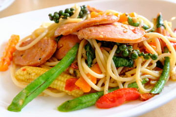 Stir Fried Spaghetti Add sausages and herbs to taste.
