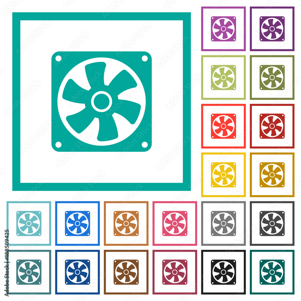 Poster computer fan flat color icons with quadrant frames