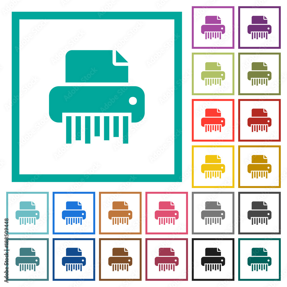 Poster office shredder flat color icons with quadrant frames