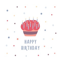 Birthday cake or cupcake decorated with candles, colorful confetti and inscription on white background