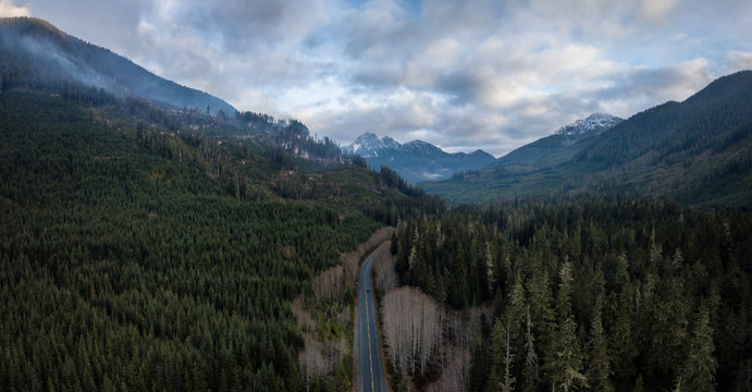 Scenic Route Aerial View in Vancouver Island, British Columbia, Canada.