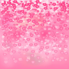 Soft pink hearts confetti background. Valentine’s day shiny greeting card. Romantic vector illustration. Easy to edit design template.