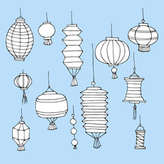 Set of Chinese paper street hand drawn lanterns. Chinese New Year decorative cartoon elements. Traditional asian festival decorations. Vector illustration. Sketch doodle lanterns. Paper lights