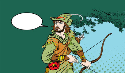 Robin Hood standing with bow and arrows. Robin Hood in ambush. Defender of weak. Medieval legends. Heroes of medieval legends. Halftone background.