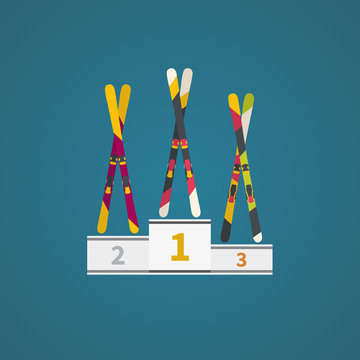 Winner podium with winter skis. Vector illustration. Winter games.