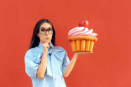Funny Girl Holding Big Huge Giant Sweet Muffin Cupcake