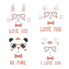 Rolgordijnen Set of hand drawn portraits of cute funny animals in heart shaped glasses, with romantic quotes. Isolated objects on white background. Vector illustration. Design concept children, Valentines day card © Maria Skrigan