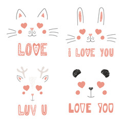 Set of hand drawn portraits of cute funny animals with heart shaped eyes, romantic quotes. Isolated objects on white background. Vector illustration. Design concept for children, Valentines day card.