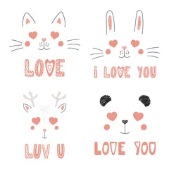 Keuken spatwand met foto Set of hand drawn portraits of cute funny animals with heart shaped eyes, romantic quotes. Isolated objects on white background. Vector illustration. Design concept for children, Valentines day card. © Maria Skrigan