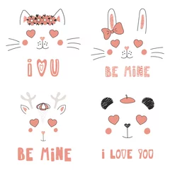Zelfklevend Fotobehang Set of hand drawn portraits of cute funny animals with heart shaped eyes, romantic quotes. Isolated objects on white background. Vector illustration. Design concept for children, Valentines day card. © Maria Skrigan