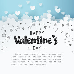 Paper art of group of heart combine to be the cloud with doodles love icon and copy space, origami and happy valentine's day concept