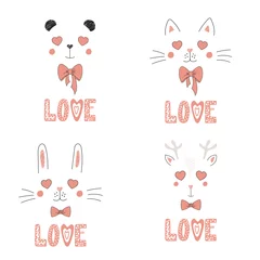 Rolgordijnen Set of hand drawn portraits of cute funny animals with heart shaped eyes, romantic quotes. Isolated objects on white background. Vector illustration. Design concept for children, Valentines day card. © Maria Skrigan