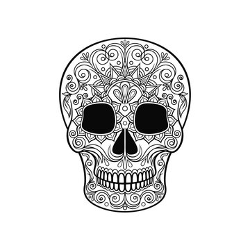 Mexican sugar skull with floral pattern, Day of the death black and white vector Illustration