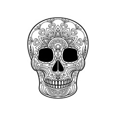 Sugar skull with floral pattern, Mexican day of the dead black and white vector Illustration