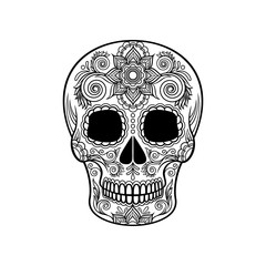 Mexican sugar skull with floral ornament, Day of the death black and white vector Illustration