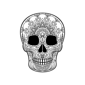 Sugar skull with floral pattern, Mexican day of the dead black and white vector Illustration