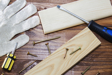 working tool carpenter ruler, chisel, pencil, sawdust and shavings.
