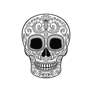 Mexican sugar skull with floral pattern, Dia de Muertos black and white vector Illustration