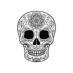 Day of The Dead Skull, sugar skull with floral pattern black and white vector Illustration