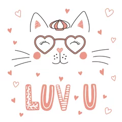 Rolgordijnen Hand drawn vector portrait of a cute funny cat in heart shaped glasses, with romantic quote. Isolated objects on white background. Vector illustration. Design concept children, Valentines day card. © Maria Skrigan