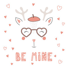Hand drawn vector portrait of a cute funny deer in heart shaped glasses, with romantic quote. Isolated objects on white background. Vector illustration. Design concept children, Valentines day card.