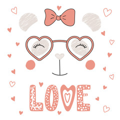 Hand drawn vector portrait of a cute funny panda in heart shaped glasses, with romantic quote. Isolated objects on white background. Vector illustration. Design concept children, Valentines day card.