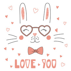 Hand drawn vector portrait of a cute funny bunny in heart shaped glasses, with romantic quote. Isolated objects on white background. Vector illustration. Design concept children, Valentines day card.