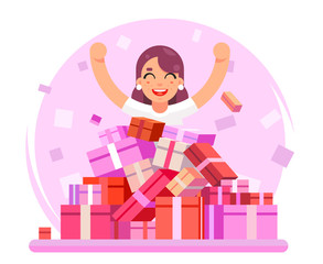 8 march Women holiday happy cute girl shopping pile of goods gifts boxes flat design character vector illustration