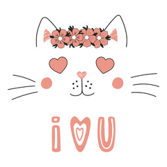 Hand drawn vector portrait of a cute funny cat with heart shaped eyes, romantic quote. Isolated objects on white background. Vector illustration. Design concept for children, Valentines day card.