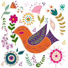 Art set vector colorful illustration with beautiful birds and flowers. Art poster for decoration your interior and for use in your unique design Scandinavian style. Folk art.