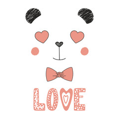 Hand drawn vector portrait of a cute funny panda with heart shaped eyes, romantic quote. Isolated objects on white background. Vector illustration. Design concept for children, Valentines day card.