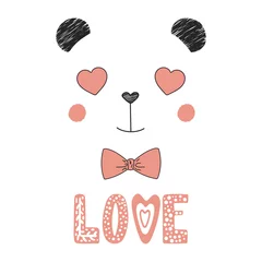Zelfklevend Fotobehang Hand drawn vector portrait of a cute funny panda with heart shaped eyes, romantic quote. Isolated objects on white background. Vector illustration. Design concept for children, Valentines day card. © Maria Skrigan