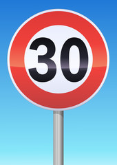Panneau de limitation de vitesse &agrave; 30 sur ciel bleu
